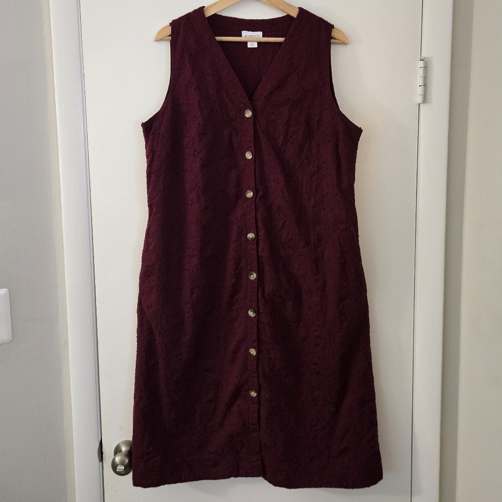 Liz Claiborne 100% Cotton Sleeveless Purple Eyelet Button Front Dress Size Large